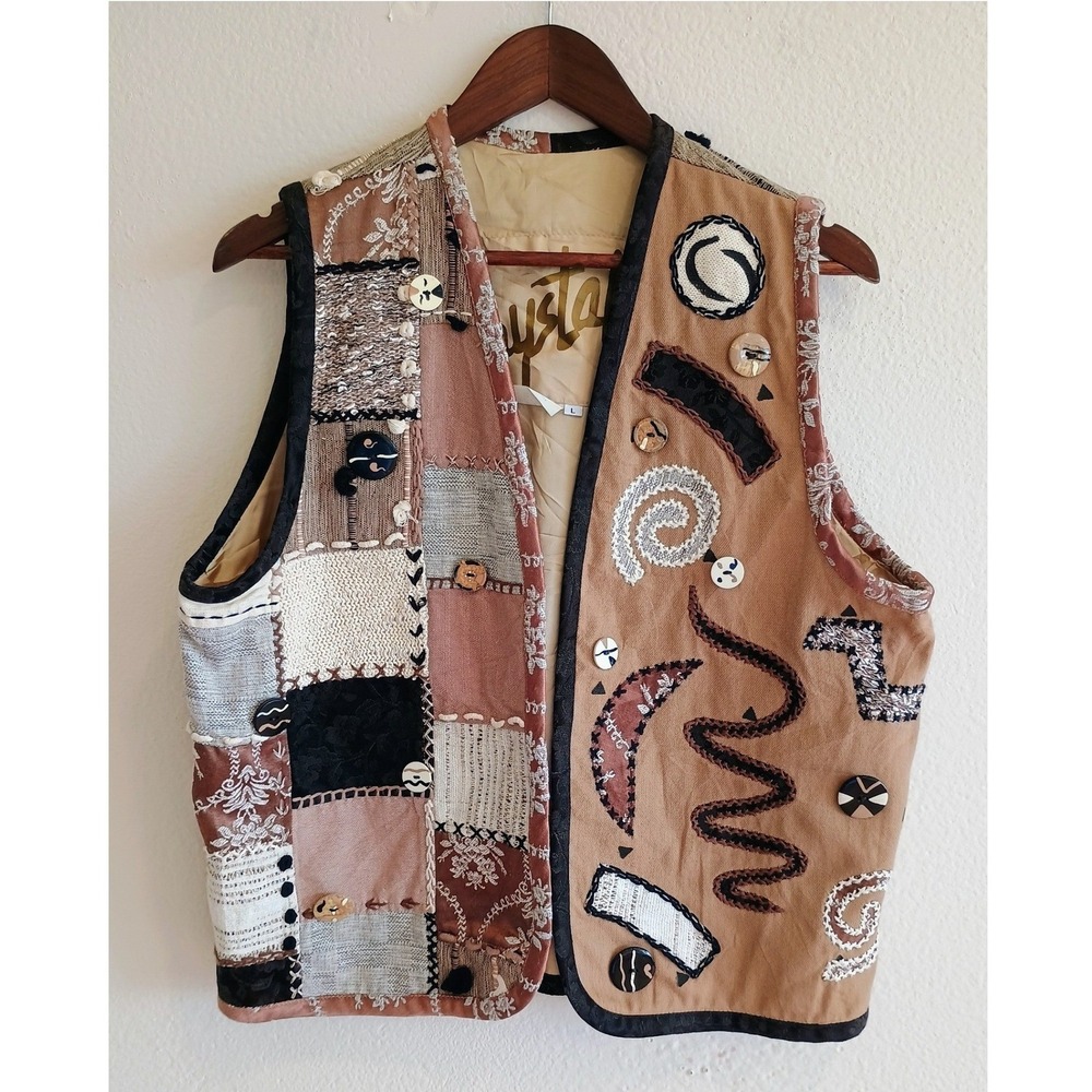 Crystal Handwovens Vintage Patchwork Artisan Vest Brown Mixed Media Woven Large